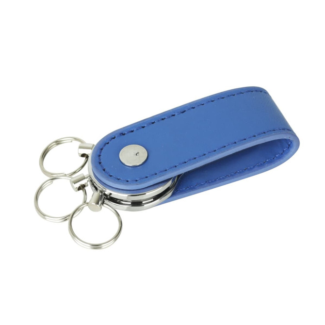 A blue PU leather swivel drive with silver keyring attachments. It features a smooth finish and a metal button.