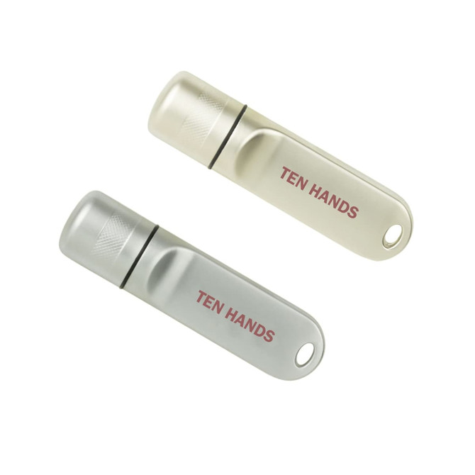 A pair of Nox flash drives in silver and grey, featuring a small logo on each.