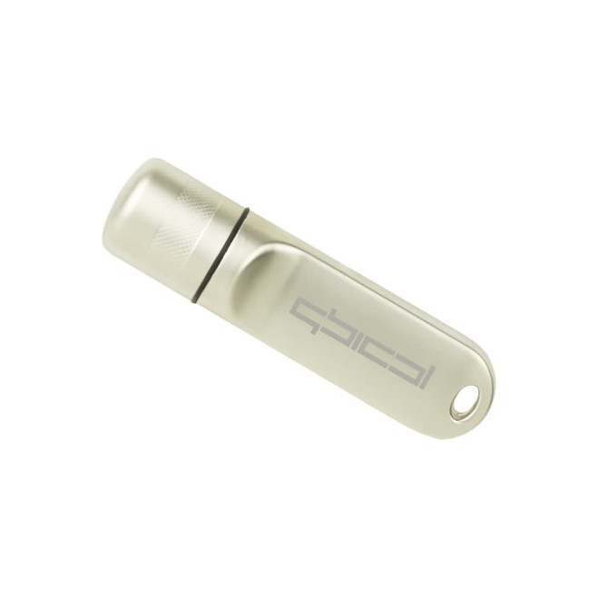 A light grey flash drive with a sleek design and a logo featured on its surface.