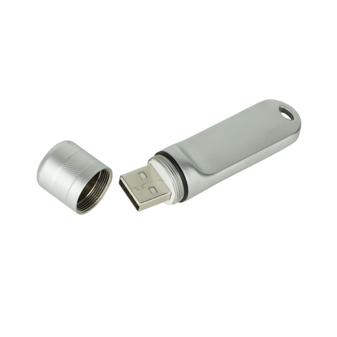 A silver Nox Flash Drive with a removable cap, featuring a circular hole for attachment.