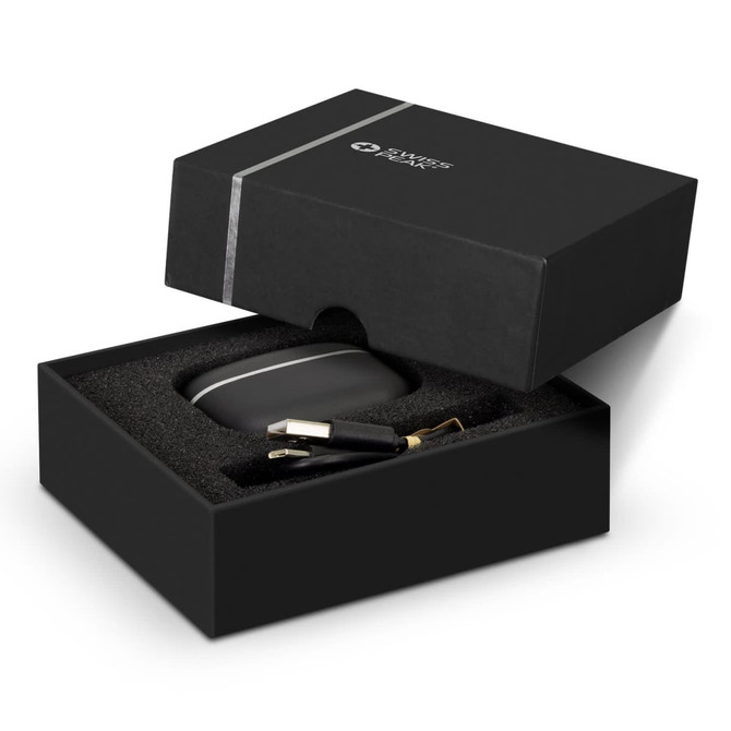 A black gift box open to reveal Swiss Peak TWS Earbuds 2.0 with a charging cable inside.