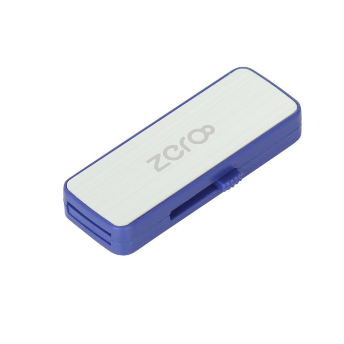 A blue and white sliding flash drive with a smooth surface and a branding logo.