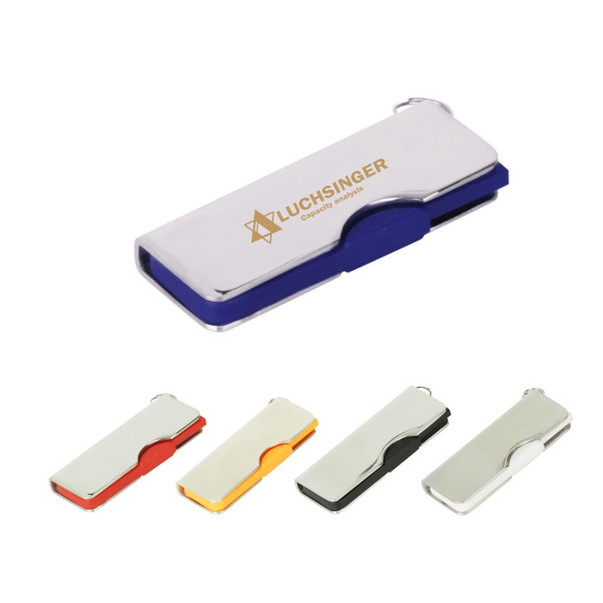 A sleek, silver swivel flash drive featuring a blue accent, with variants in black, orange, and yellow. Includes a logo.