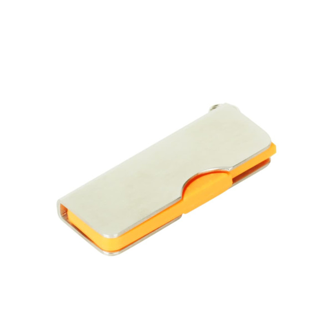 A silver and orange alloy flash drive with a swivel design and logo.