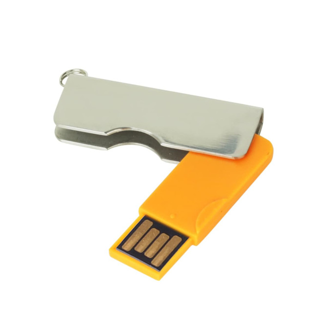 An orange and silver swivel USB flash drive with a metal casing and a removable cap.