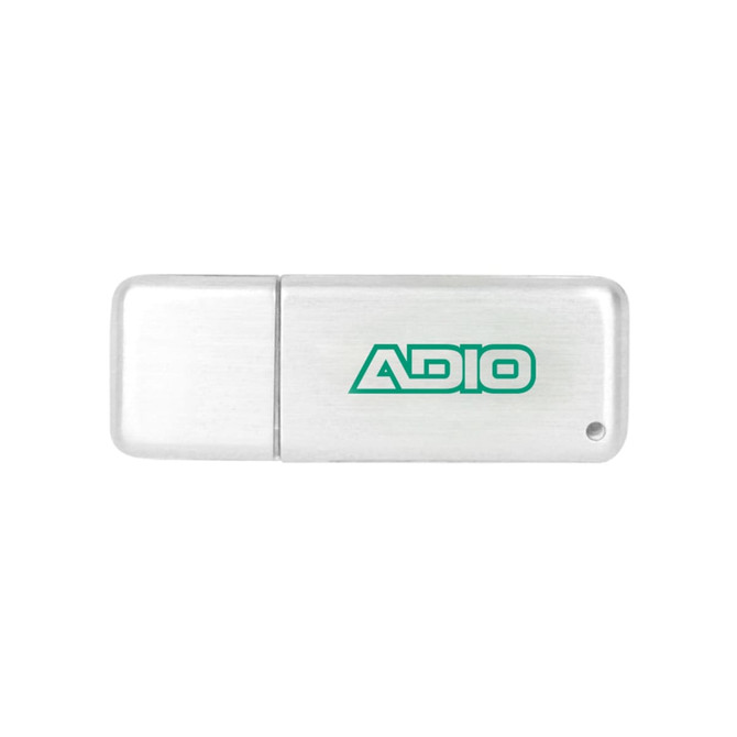 A silver flash drive with a logo, featuring a sleek design and a smooth surface.