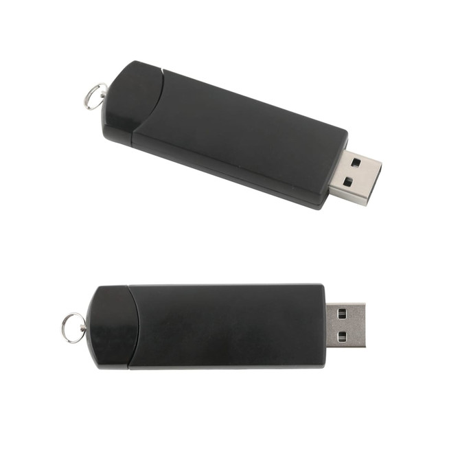 A black Gyro USB flash drive with a rounded design and a keychain attachment. It features USB connectors on both ends.