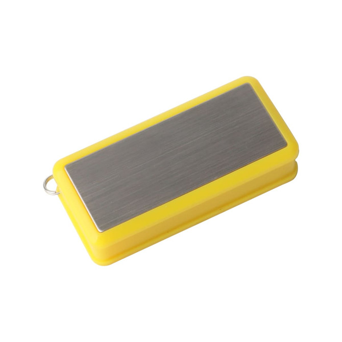 A yellow 360-degree rotating flash drive with a metallic finish on one side and a ring for attachment.