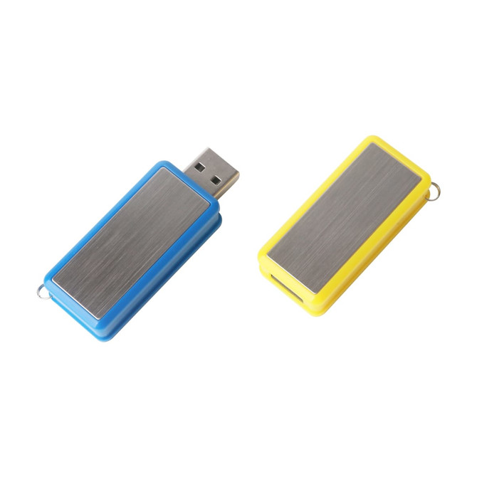 A 360 degree rotating flash drive in blue and yellow with a metallic panel and branding.