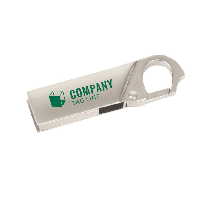 A silver Clip Lock Flash Drive with a loop for carrying, featuring a logo on the side.
