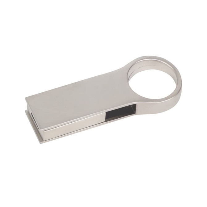 A metallic USB flash drive with a sleek, rectangular design and a circular hole at one end for easy attachment.