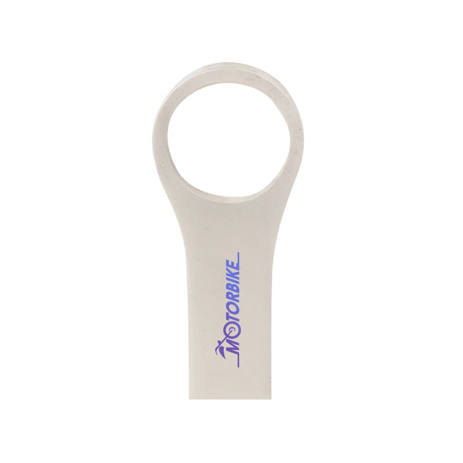 A silver USB flash drive with a circular loop and branding on its side.