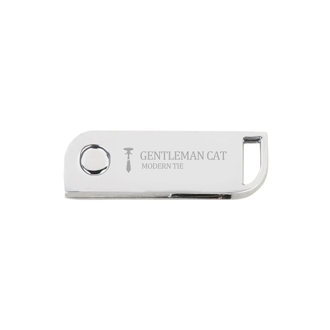 A metallic swivel flash drive with a sleek design, featuring a logo on one side.