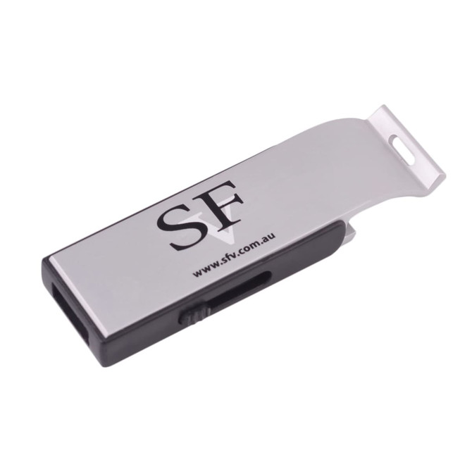 A drink bottle opener combined with a silver and black flash drive, featuring a logo.