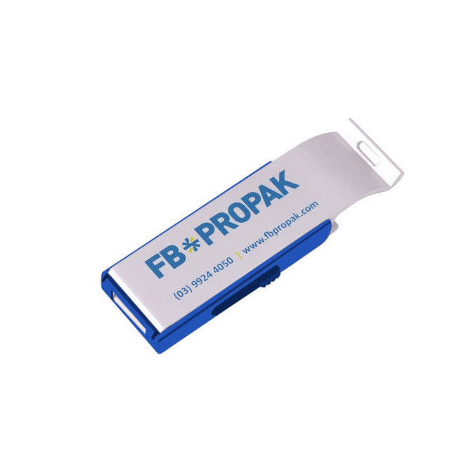 A drink bottle opener and flash drive in silver and blue, featuring a logo.
