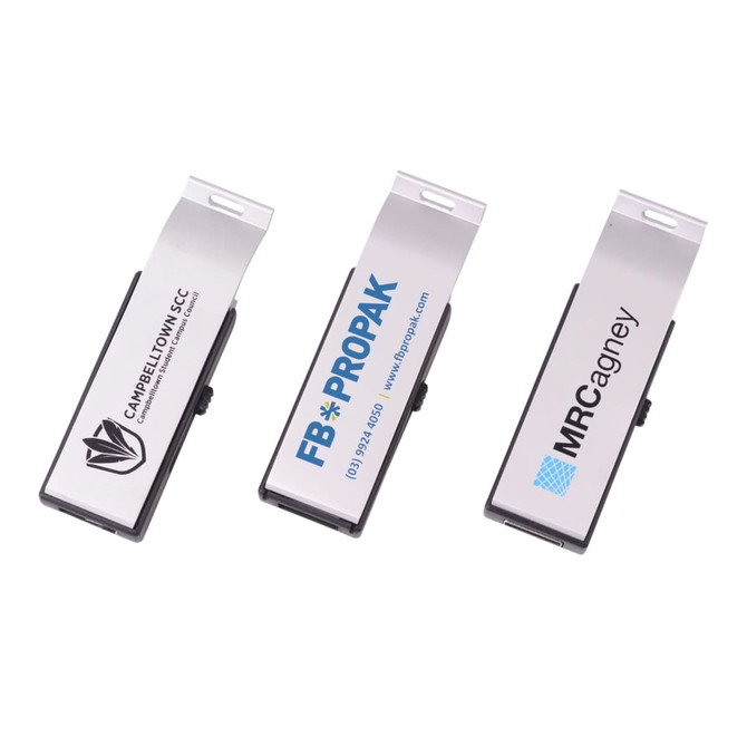 A drink bottle opener that doubles as a silver flash drive. It features an engraved logo on its surface.