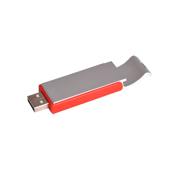 A red and silver bottle opener flash drive with a USB connector and a sleek design, featuring a logo.
