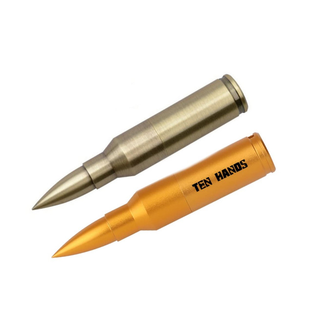 A flash drive shaped like a bullet, featuring metallic silver and gold finishes, with a logo on one side.