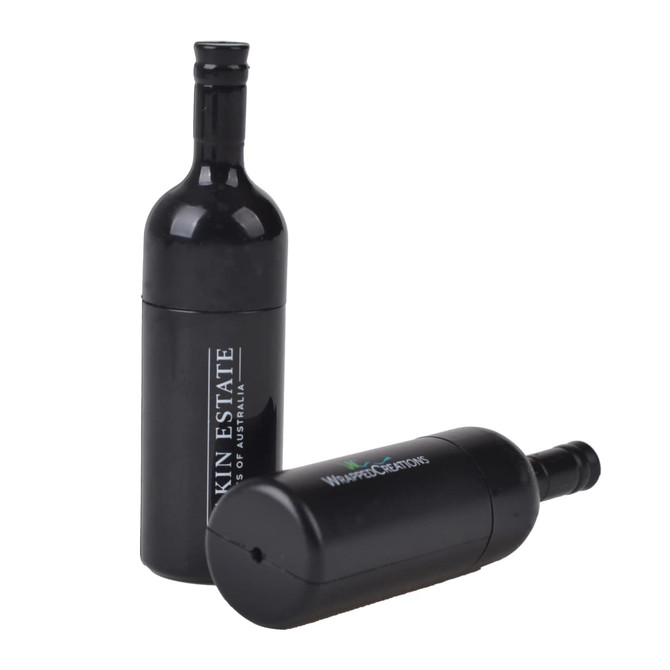 A drink bottle-shaped black flash drive with a logo, featuring a removable cap at the top.
