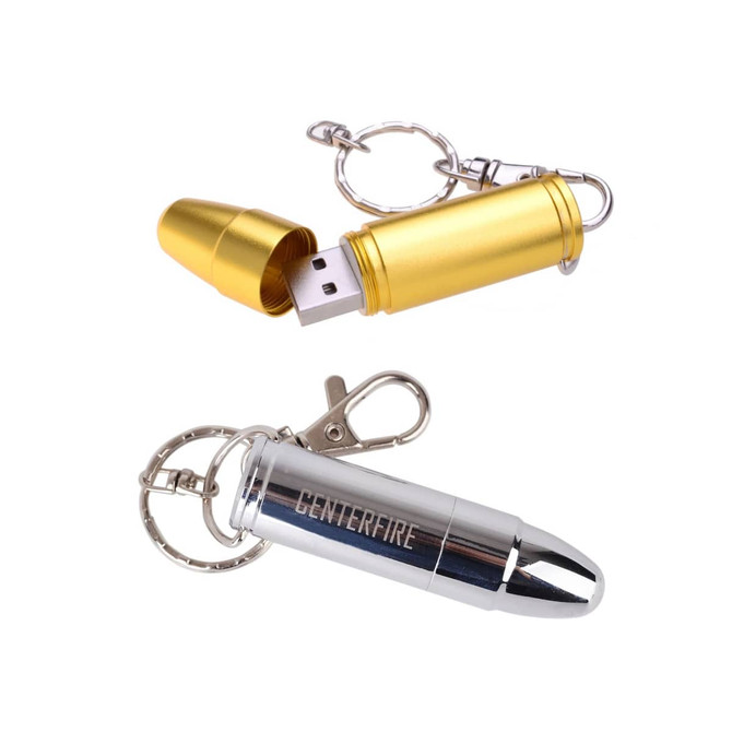 A gold and silver bullet-shaped flash drive displayed with keychain attachments, featuring a logo on the silver model.