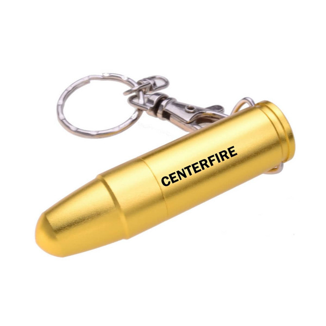 A gold, bullet-shaped flash drive attached to a keychain, featuring a small logo.