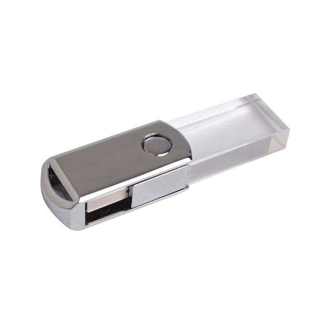 A swivel crystal flash drive in silver and transparent design with a logo on the side.