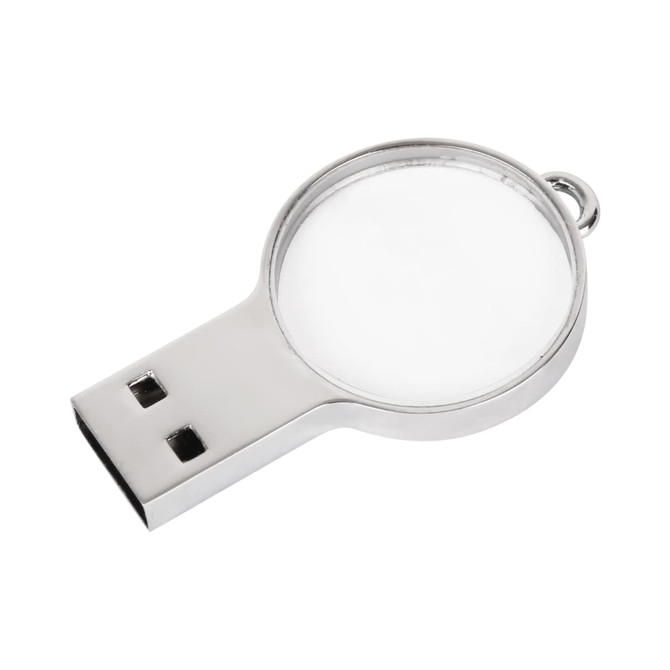 A silver mini round crystal flash drive with a glossy surface and USB connector. It includes a branding logo.