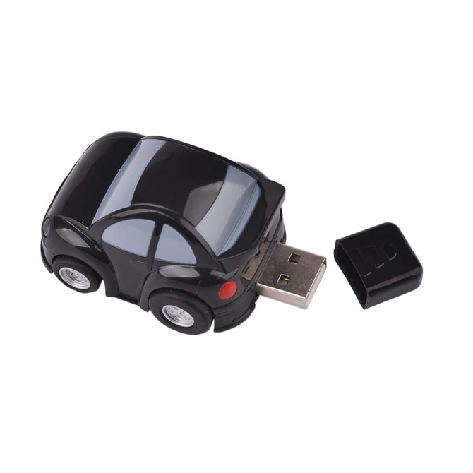 A black car-shaped flash drive with removable USB connector, designed for storage and technology use.