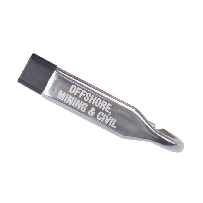 A silver carabiner USB flash drive with a black end cap and a logo printed on the side.