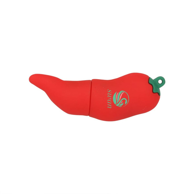 A red chilli-shaped flash drive with a green top and a logo.