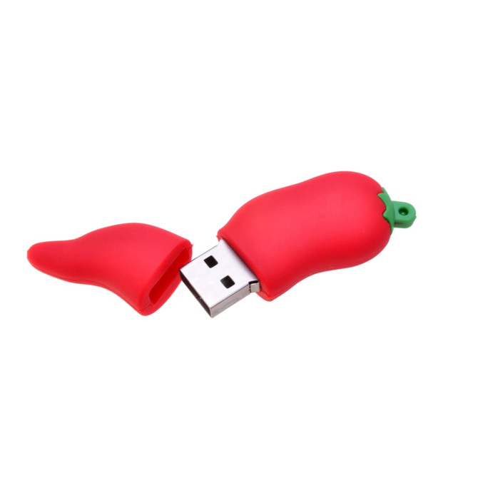 A red chilli-shaped flash drive with a removable top, featuring a green stem detail. It has a logo on the side.
