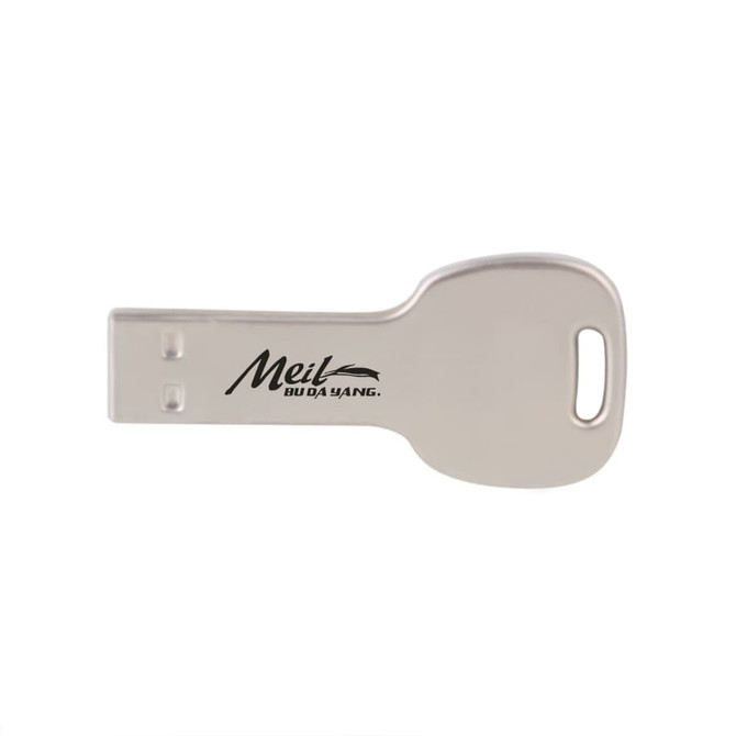 A round key flash drive in silver, featuring a logo on one side and a key-shaped design.