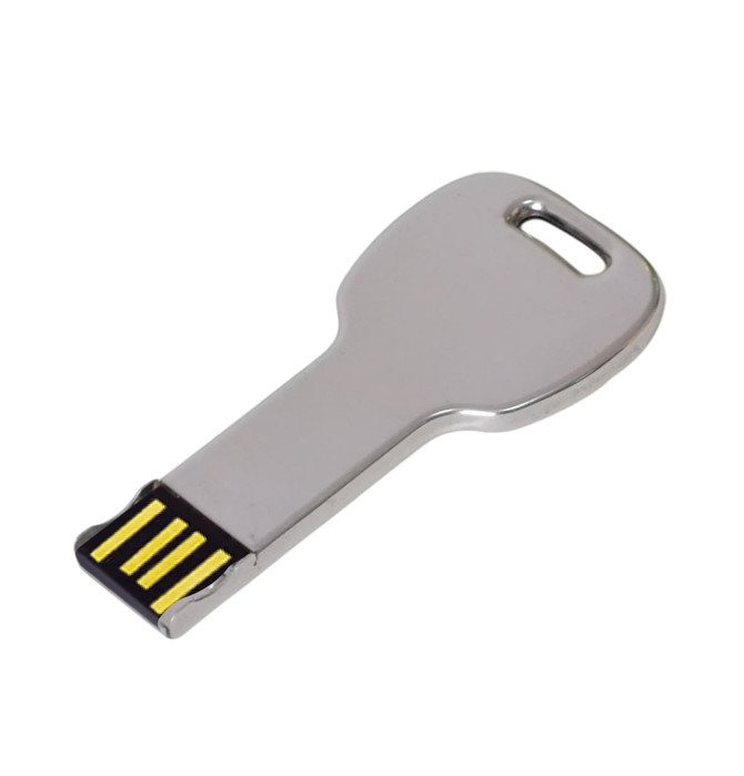 A metallic round key flash drive with a yellow and black connector. The drive features a key-shaped design.
