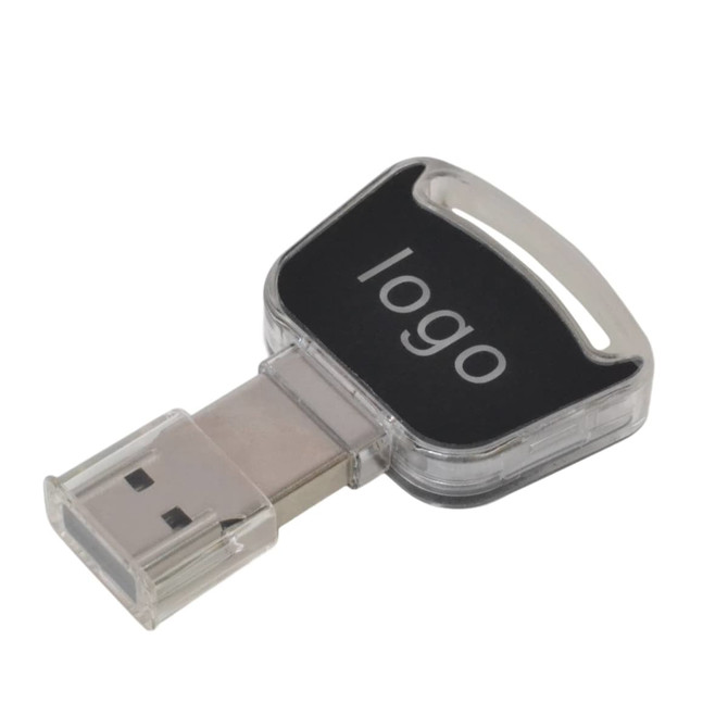 A grey and clear USB flash drive with a logo and a distinctive key-shaped design.
