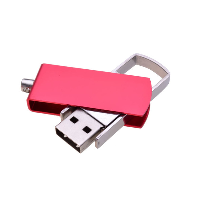 A red swivel flash drive with a metallic silver swivel mechanism and a USB connector. It features a logo on the body.