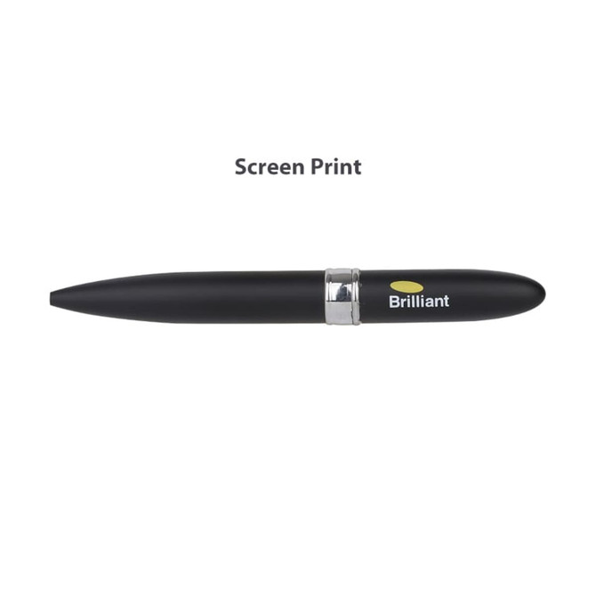 A black pen with a silver band, featuring a branding logo, designed for screen printing.