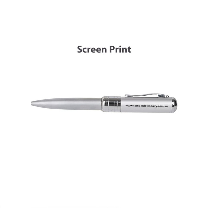 A silver pen with a polished finish and a clip, featuring a logo on the side.