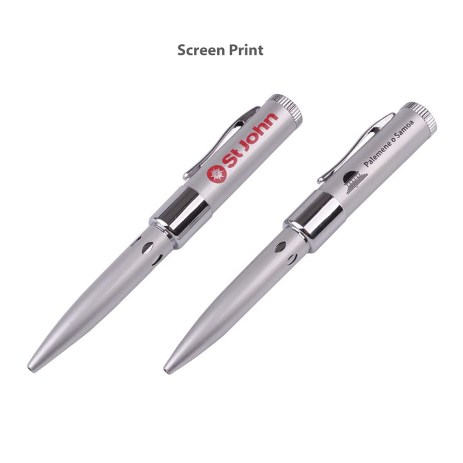 A silver pen with a clip and a metallic finish, featuring branding on its barrel. It has a sleek and modern design.