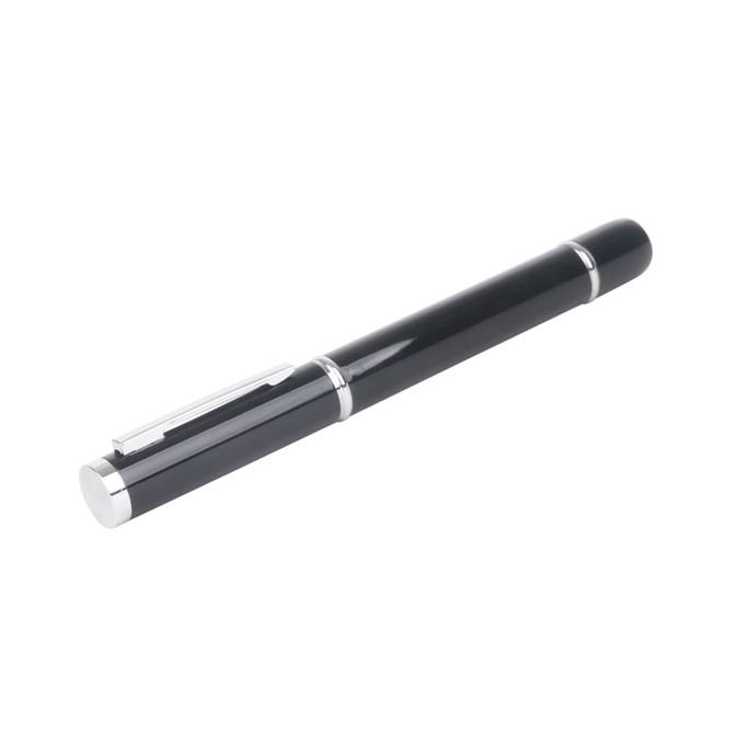 A black USB memory pen featuring a sleek design and silver accents, with a clip for secure attachment.