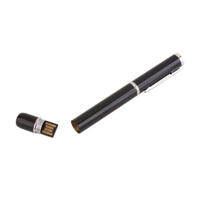 A black USB memory pen with a removable cap and silver accents, featuring a logo.