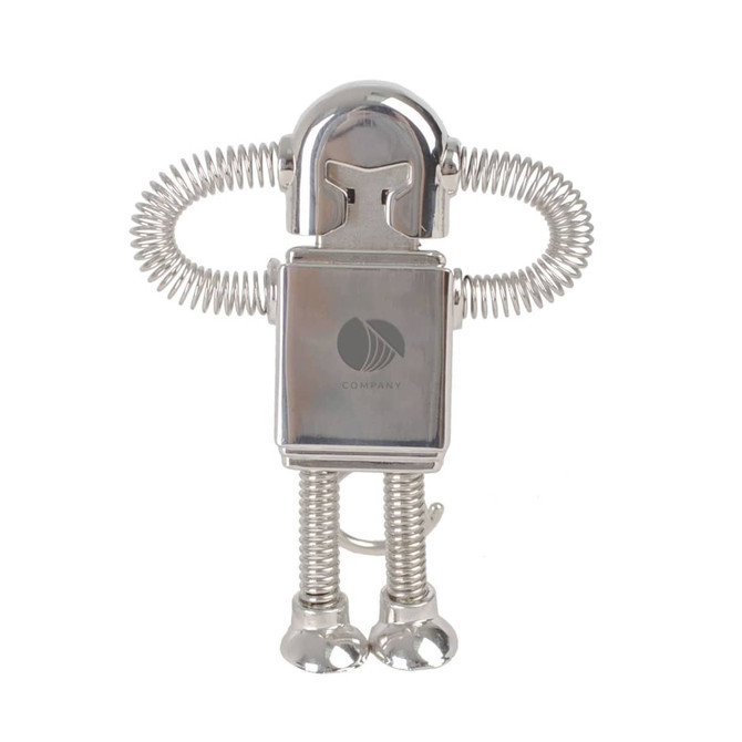 A shiny silver robot-shaped flash drive with coiled arms and legs. The product features a logo on the surface.