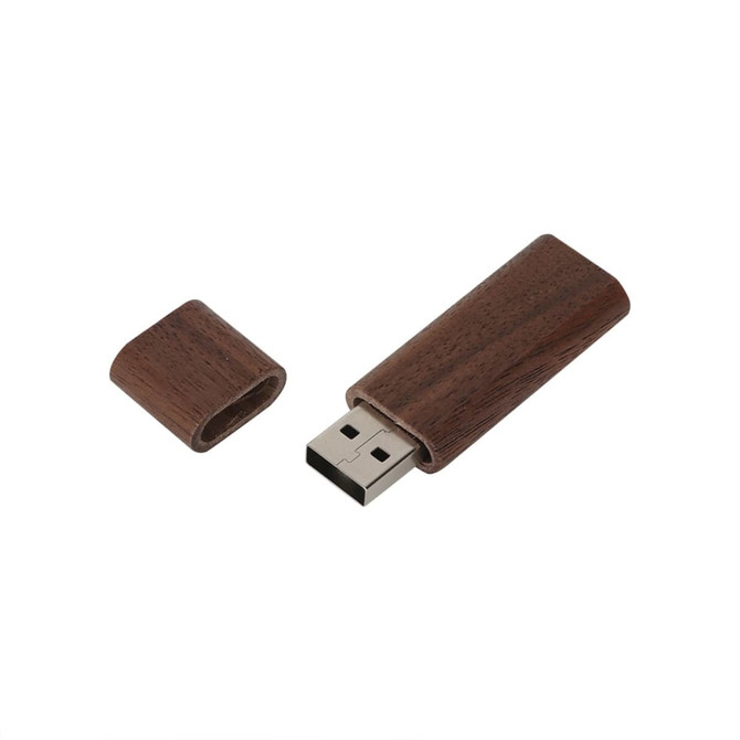 A rounded wooden flash drive in a rich brown hue, with a removable cap. It features a sleek, minimalist design and a logo.