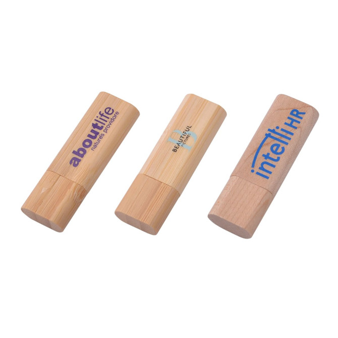Three rounded wooden flash drives in natural wood colour with different logos printed on them.