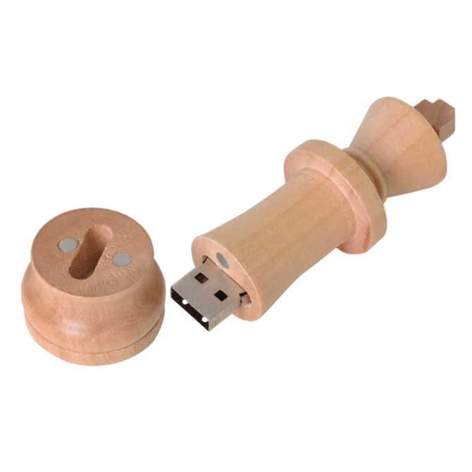 A wooden chess piece flash drive in a light colour, featuring a removable cap and a metallic USB connector.