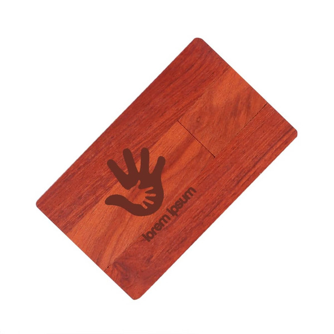 A wooden credit card flash drive in a rich brown hue with a hand logo engraved on its surface.