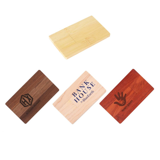 A collection of four wooden credit card flash drives in different shades, displaying various logos and designs.