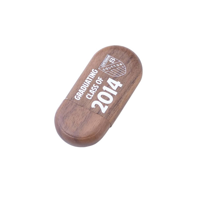 An oblong wooden flash drive in a dark wood finish, featuring a logo and the text "Graduating Class of 2014".