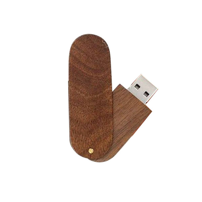A swivel wooden flash drive in a rich brown colour, featuring a metallic USB connector and a simple logo.
