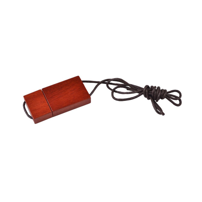A wooden string flash drive in rich brown colour with a tied cord for easy handling. Features a logo on the surface.