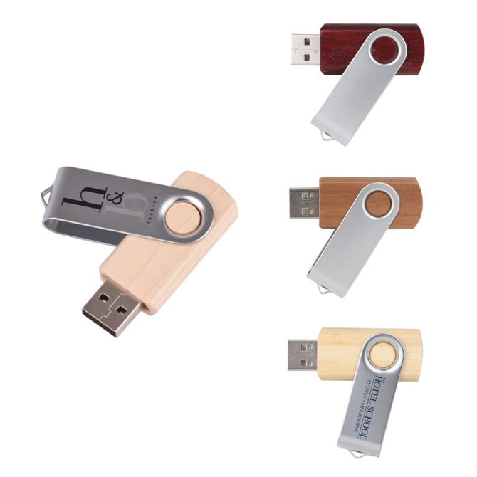 A collection of metal swivel wooden flash drives in various wood tones, featuring a metallic swivel and a logo.